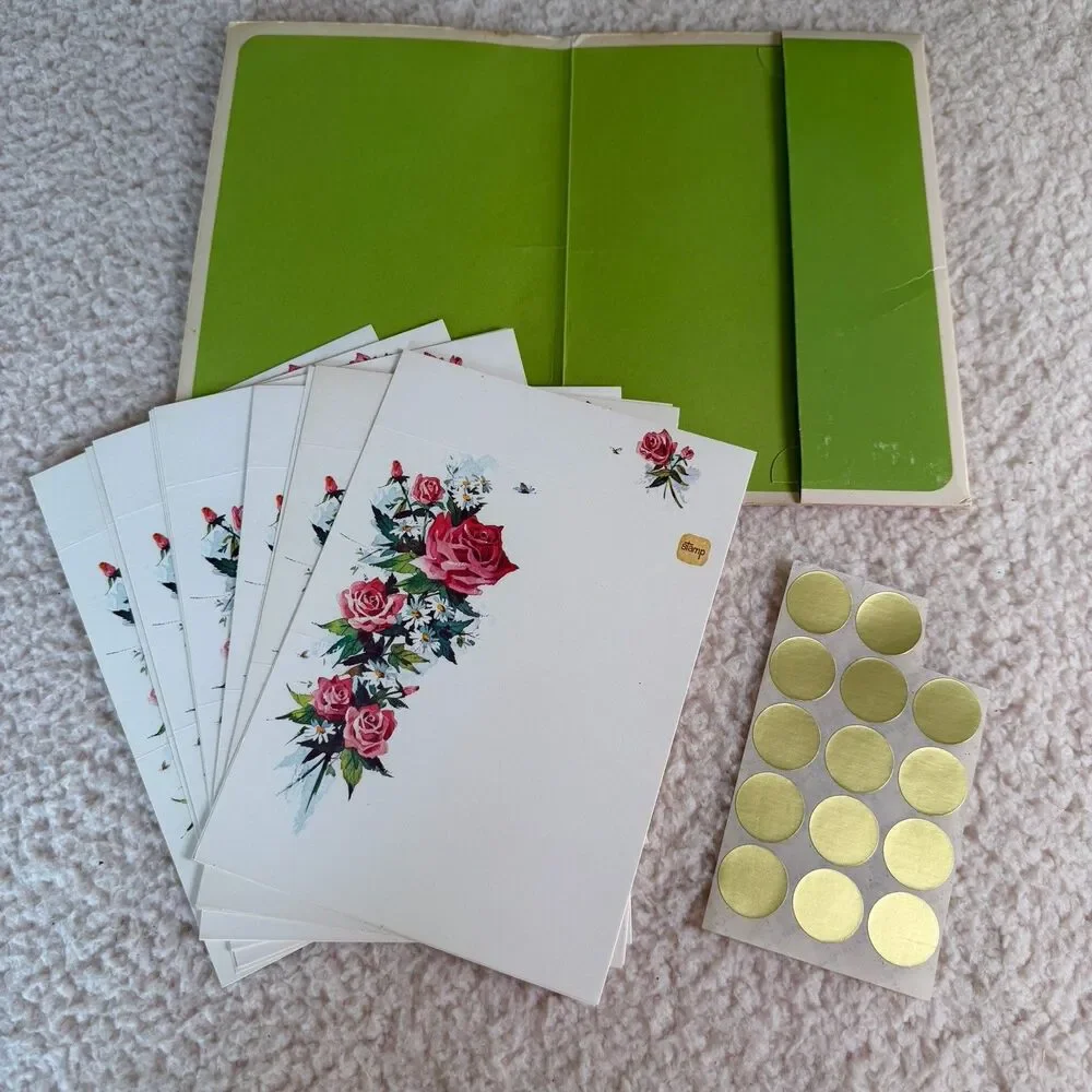 Vintage Floral Stationery Set “Just a Note” Current Roses Daisies Cards Set 14